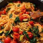 Close-up of a one pot pasta with cherry tomatoes, zucchini, and spinach, perfect for easy dinner recipes.