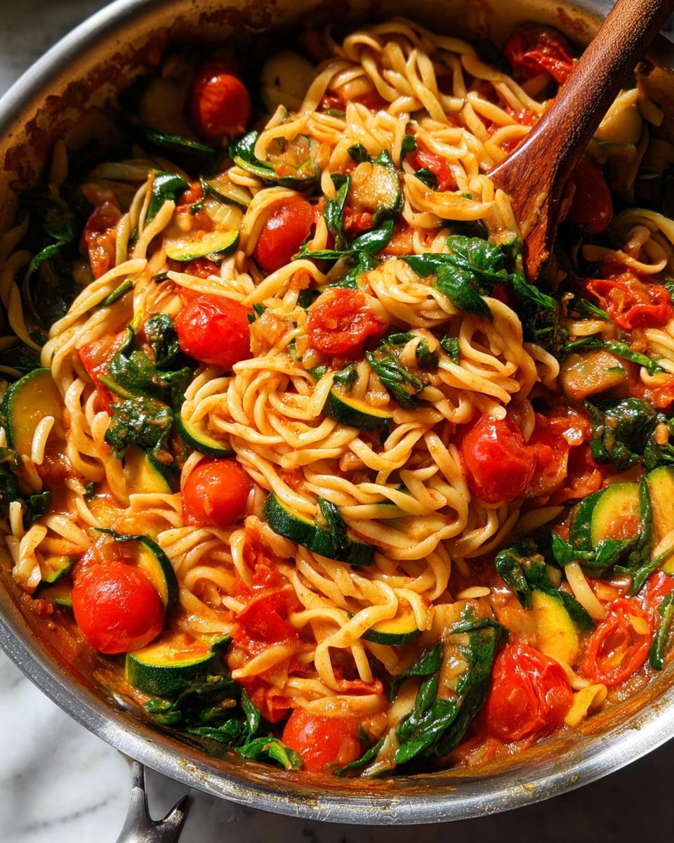 A close-up of a one-pot pasta dish with fettuccine noodles, cherry tomatoes, zucchini, and spinach in a tomato sauce.