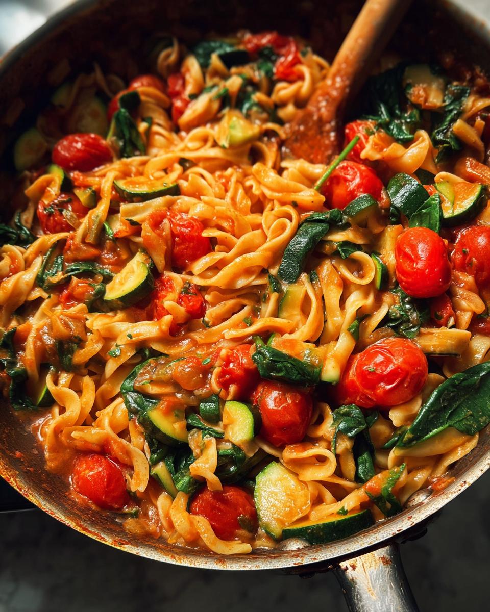 Close-up of a one-pot pasta dish with fusilli, cherry tomatoes, zucchini slices, and spinach in a tomato sauce.
