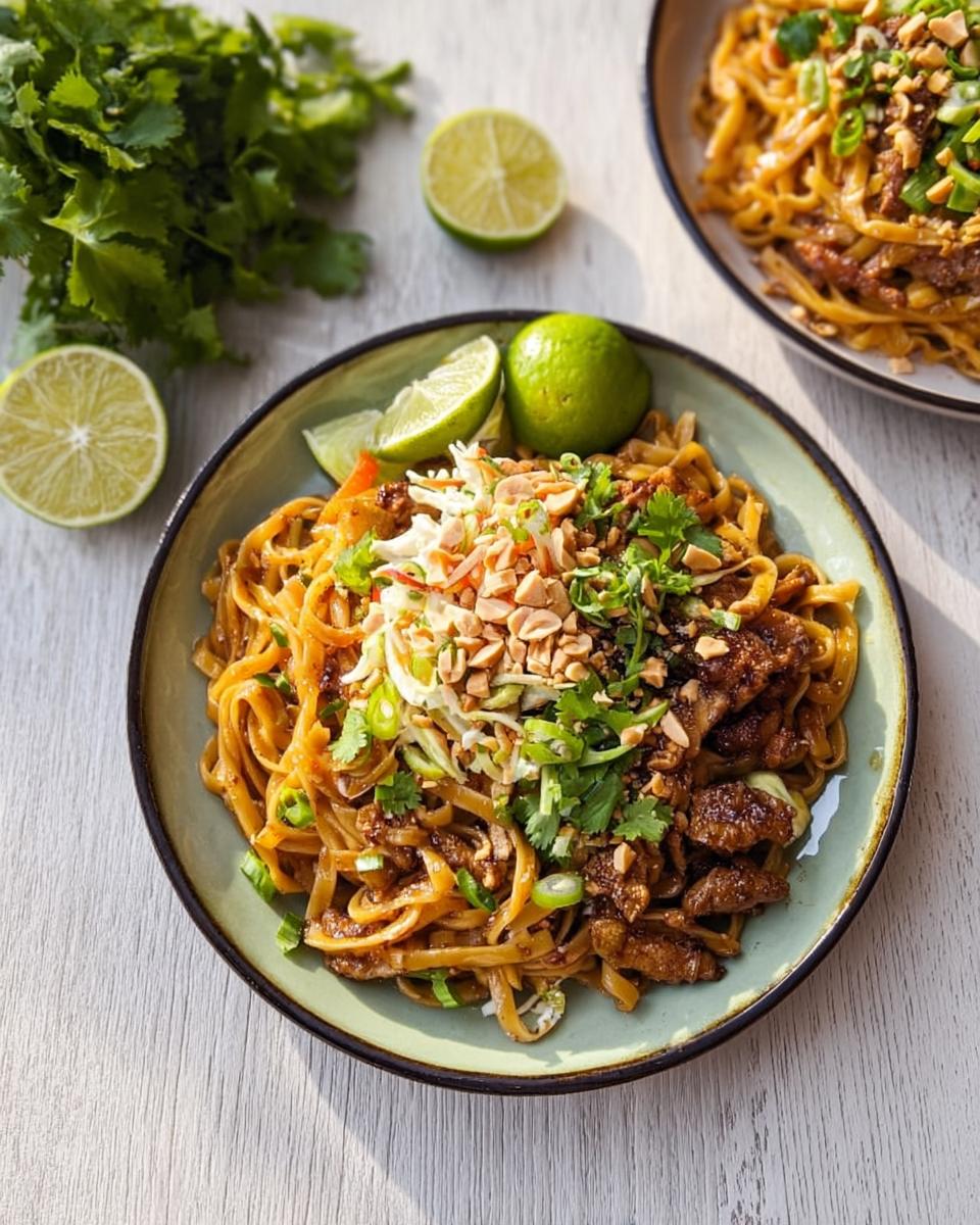 A close-up of a delicious Pad Thai dish, a perfect easy dinner recipe, garnished with peanuts and cilantro.