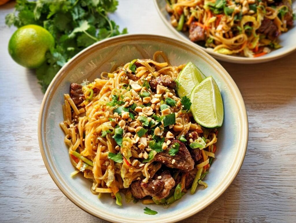 A close-up of a bowl of Pad Thai with tender beef, rice noodles, chopped peanuts, cilantro, and lime wedges. This is one of the easy dinner recipes you'll need.