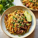 A close-up of a bowl of Pad Thai with tender beef, rice noodles, chopped peanuts, cilantro, and lime wedges. This is one of the easy dinner recipes you'll need.