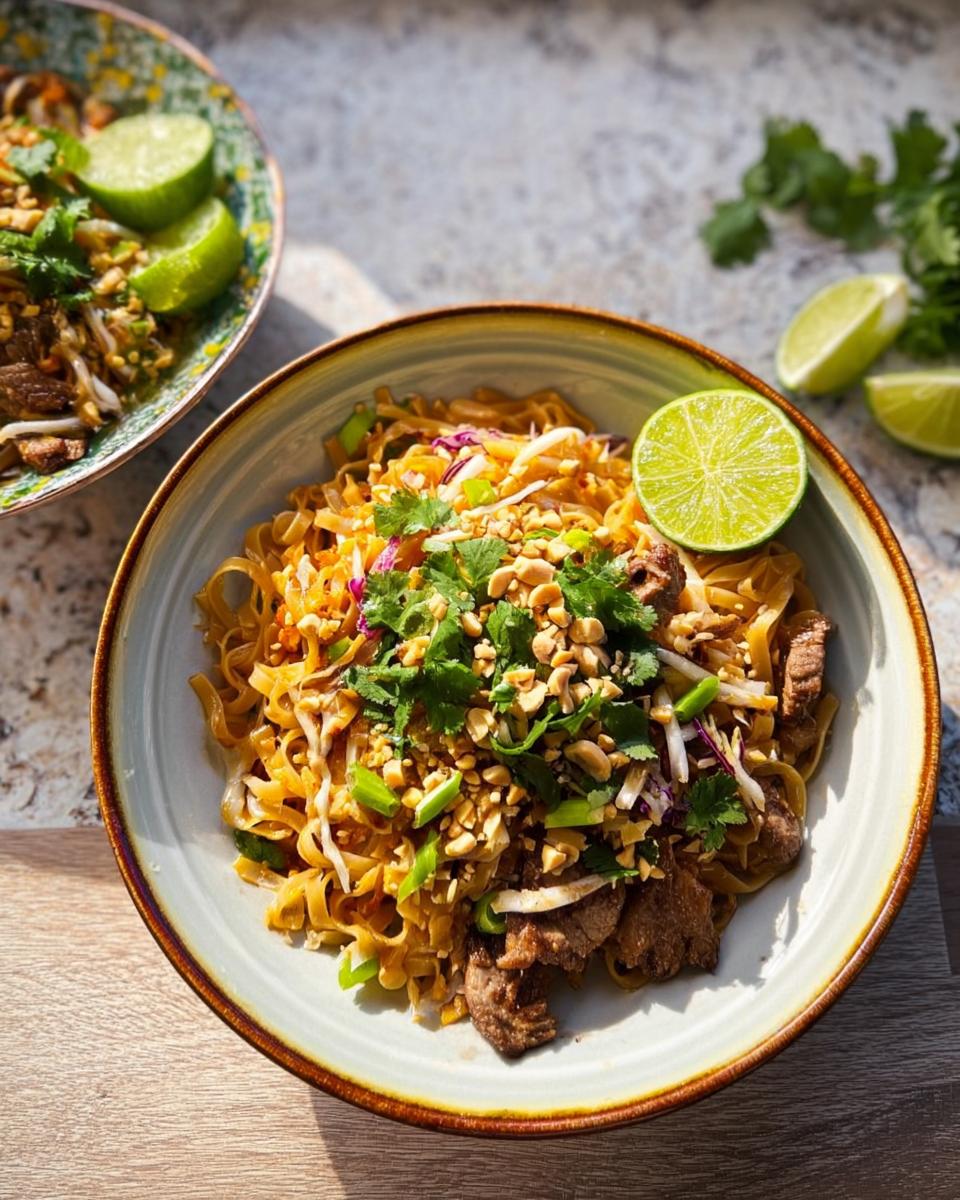 A bowl of delicious Pad Thai with beef, noodles, peanuts, cilantro, and lime wedges. An easy dinner recipe.