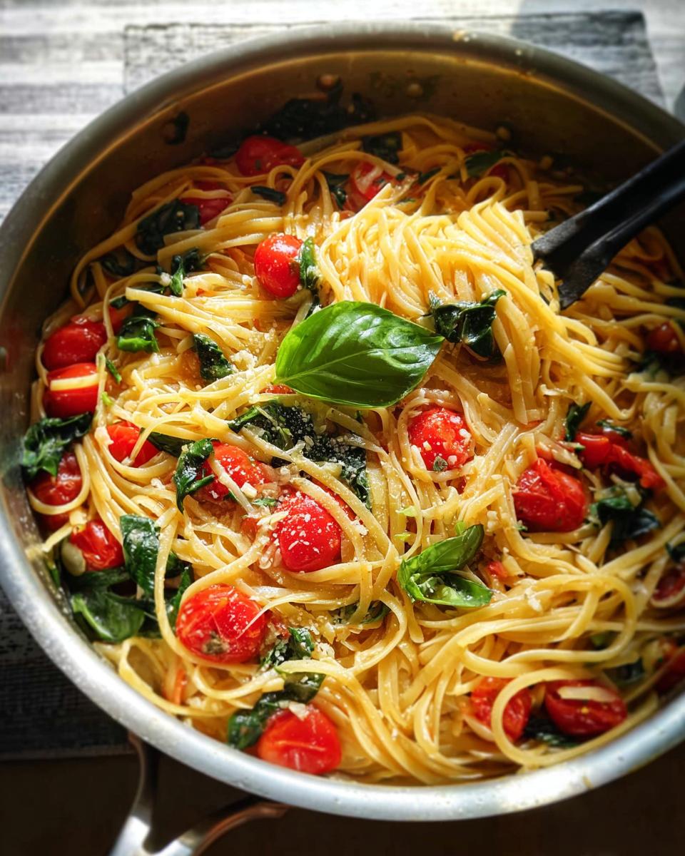 Close-up of a skillet filled with linguine pasta, cherry tomatoes, spinach, and basil, part of Easy Dinner Recipes Meal Prep.