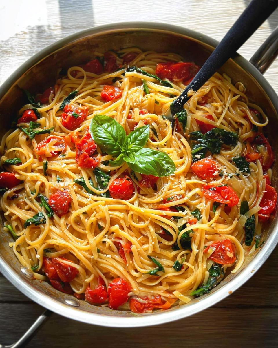 A close-up view of a skillet filled with linguine pasta, cherry tomatoes, spinach, and fresh basil, perfect for easy dinner recipes meal prep.