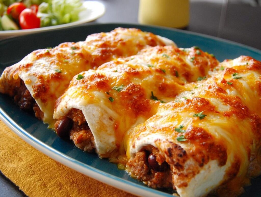 Close-up of cheesy baked enchiladas filled with ground meat and beans, a perfect example of easy dinner recipes.