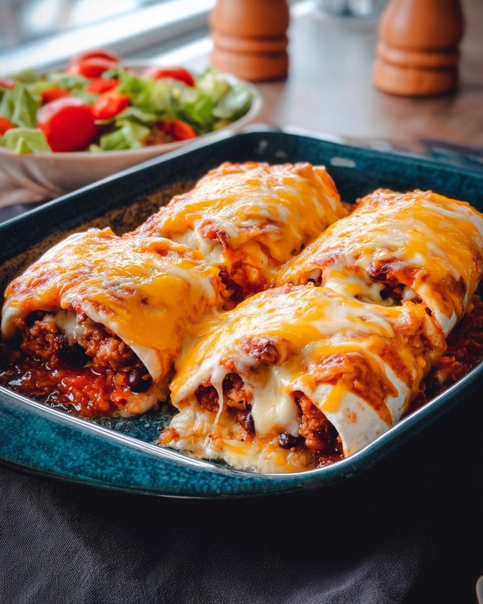 Close-up of cheesy beef enchiladas in a baking dish, part of an easy dinner recipe.