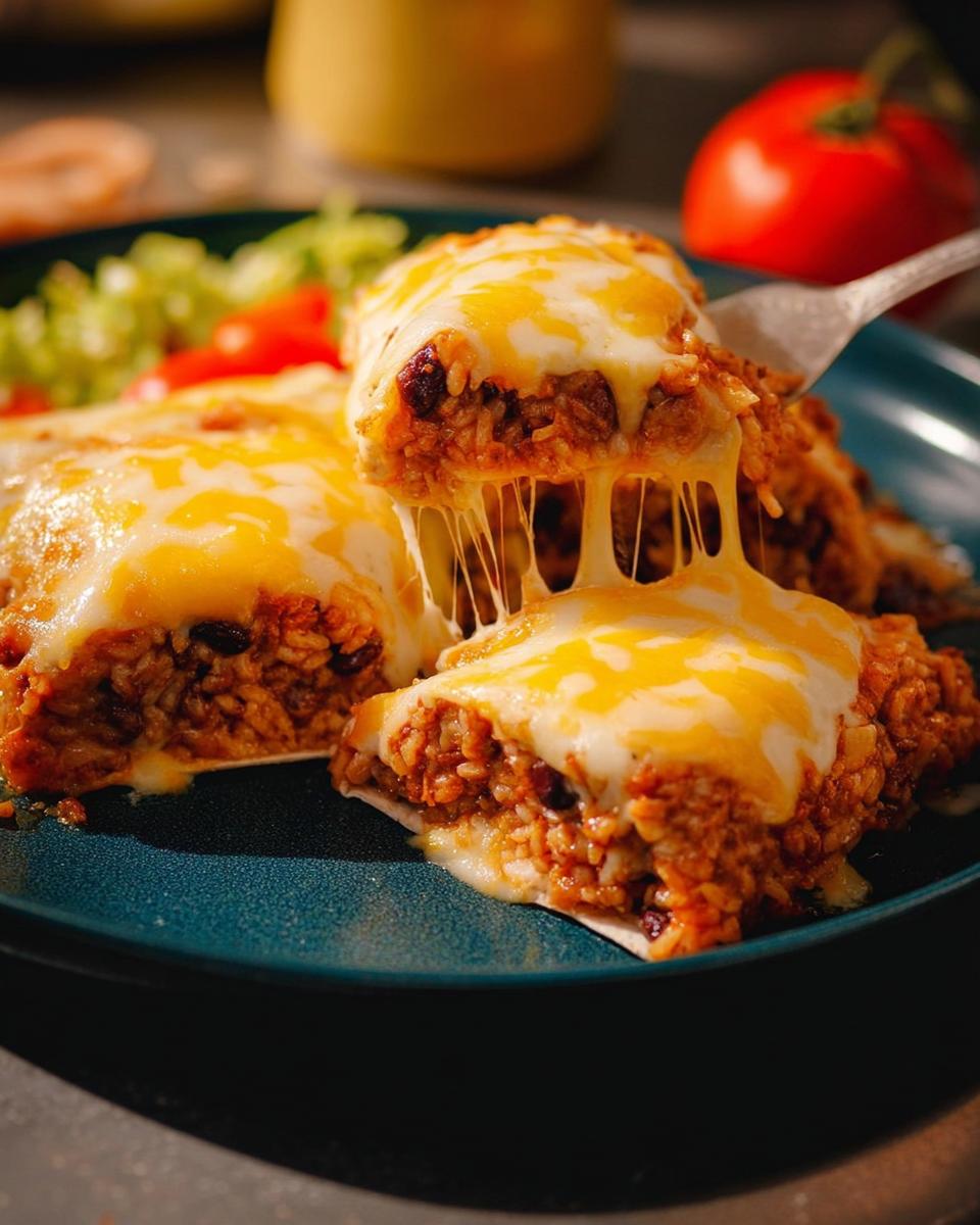 A fork lifting a cheesy enchilada, revealing a filling of rice and beans. Why Everyone Loves This Easy Dinner Recipes.
