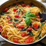 A close-up of spaghetti with cherry tomatoes, spinach, and basil, perfect for easy dinner recipes meal prep.