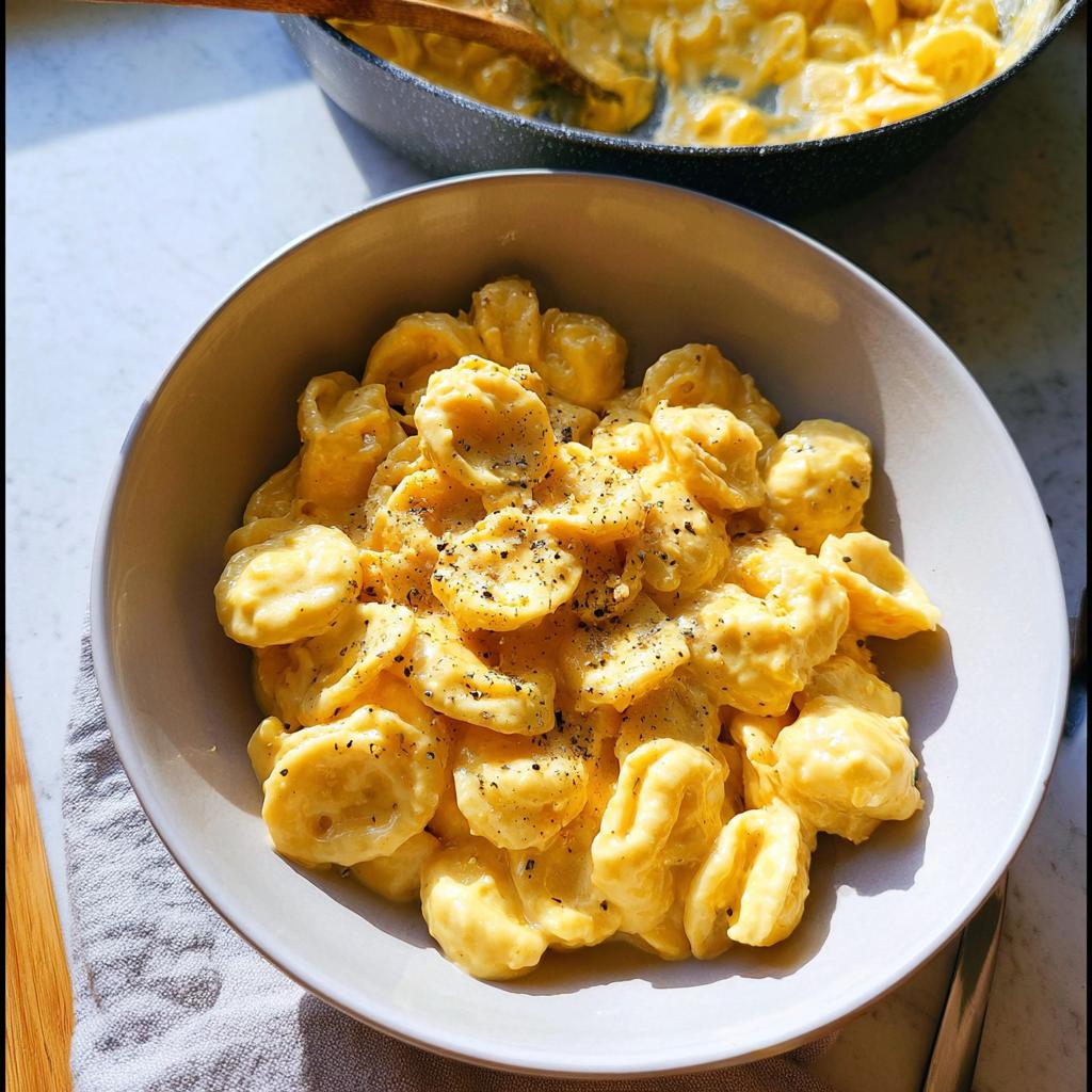 A bowl of orecchiette pasta coated in a rich, creamy cheese sauce, seasoned with black pepper. An easy dinner recipe.