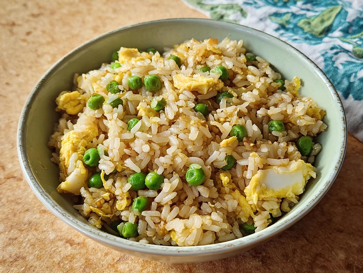A bowl of easy egg fried rice with peas and scrambled egg, part of 7-Ingredient Egg Recipes.