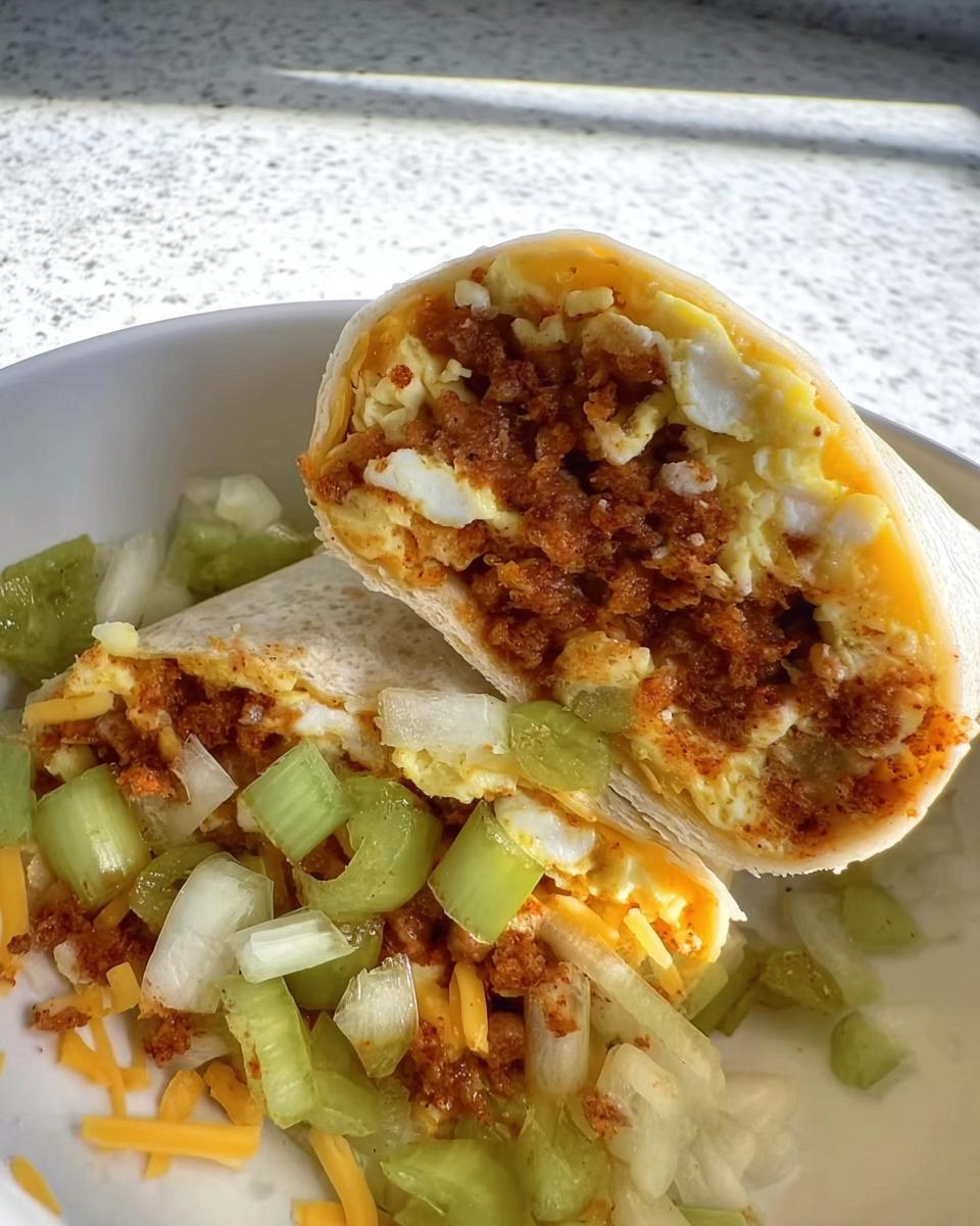A halved breakfast burrito with scrambled eggs, seasoned meat, and cheese, served with chopped celery and onions.