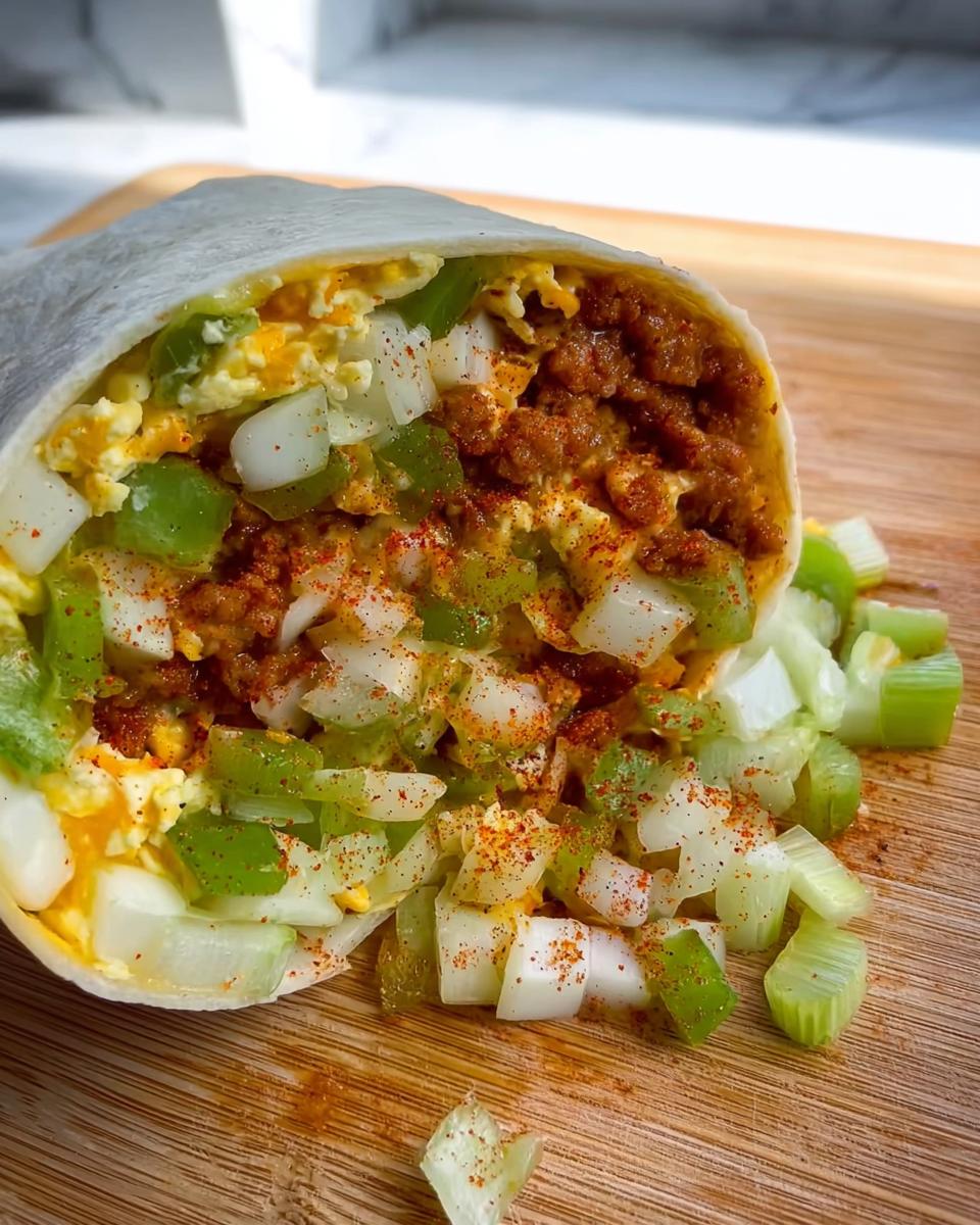 A close-up of a breakfast burrito cut in half, revealing scrambled eggs, seasoned meat, chopped onions, and green peppers.
