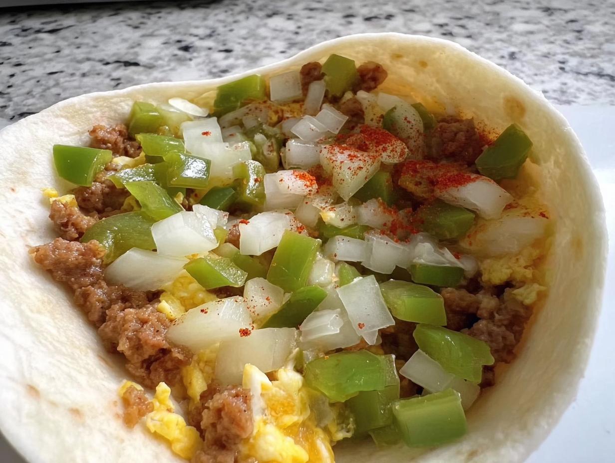 Close-up of a breakfast burrito filled with scrambled eggs, sausage, diced green peppers, and onions, sprinkled with paprika.