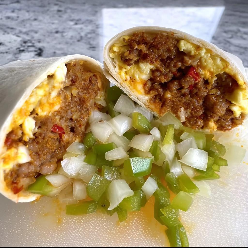 A breakfast burrito cut in half, revealing scrambled eggs, sausage, and peppers, served with a side of diced onions and green peppers.