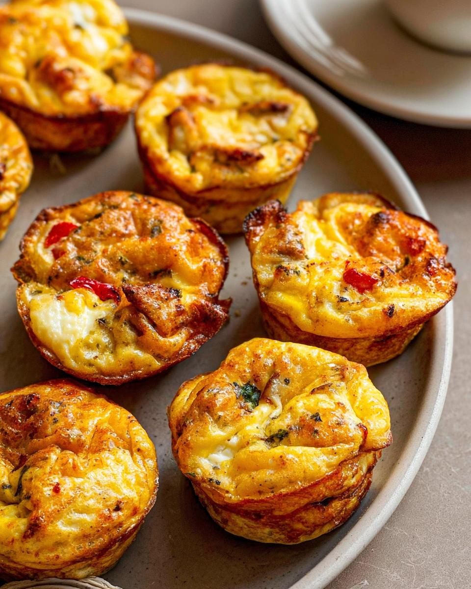 Close-up of fluffy egg muffins with red bell peppers and herbs, perfect for meal prep.