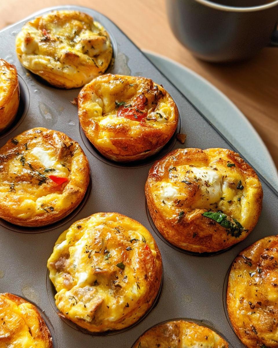 Golden brown egg muffins with visible ingredients like tomatoes and herbs, perfect for egg recipes meal prep.