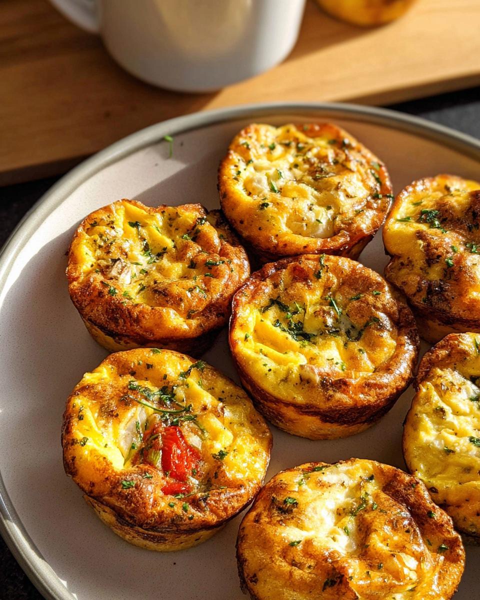 A plate of golden-brown egg muffins, perfect for meal prep, sprinkled with fresh herbs.