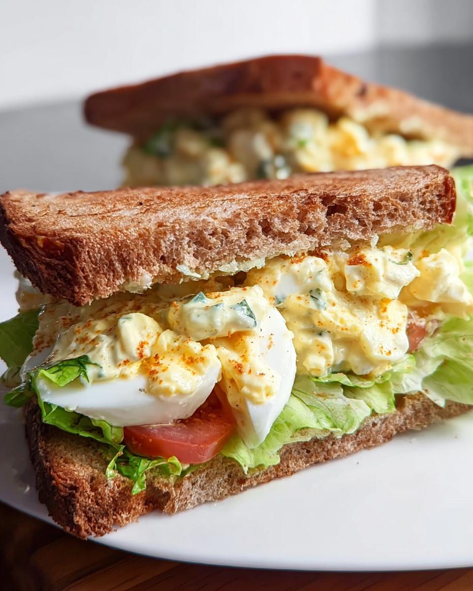 A delicious egg salad sandwich with lettuce, tomato, and whole wheat bread, part of Restaurant-Style Sandwich Ideas Recipes at Home.