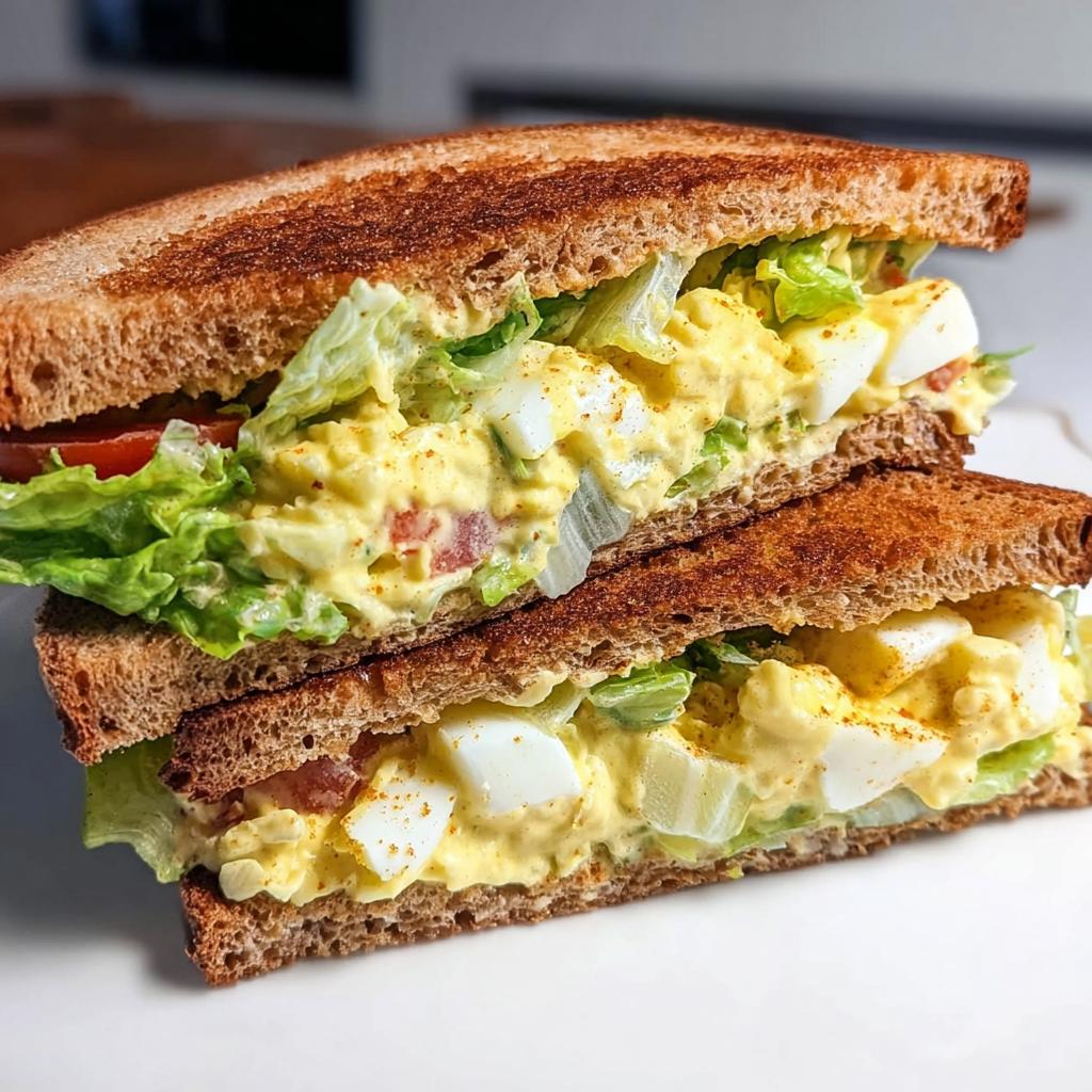 A delicious egg salad sandwich with toasted whole wheat bread, lettuce, tomato, and creamy egg salad filling.