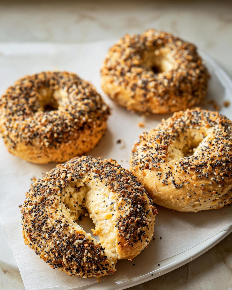 Close-up of four everything bagels, one with a bite taken out, revealing a creamy filling. Perfect for busy weeknight breakfast ideas.