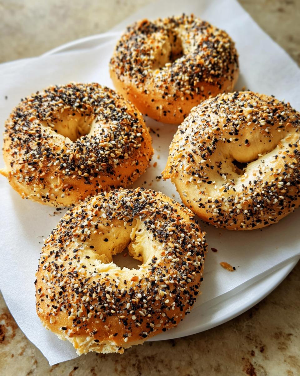 Four everything bagels piled on a white plate, perfect for quick breakfast ideas.