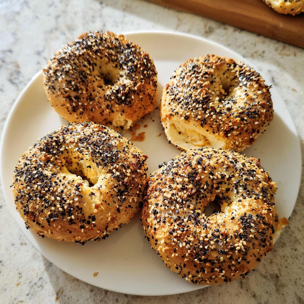 Four everything bagels with a mix of seeds and spices on a white plate, perfect for busy weeknights.