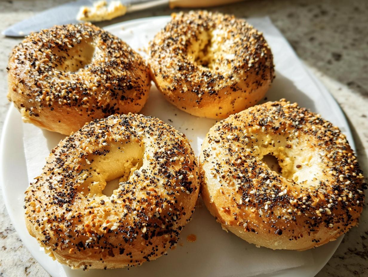 Four everything bagels topped with sesame seeds, poppy seeds, and dried garlic and onion, ready for breakfast.