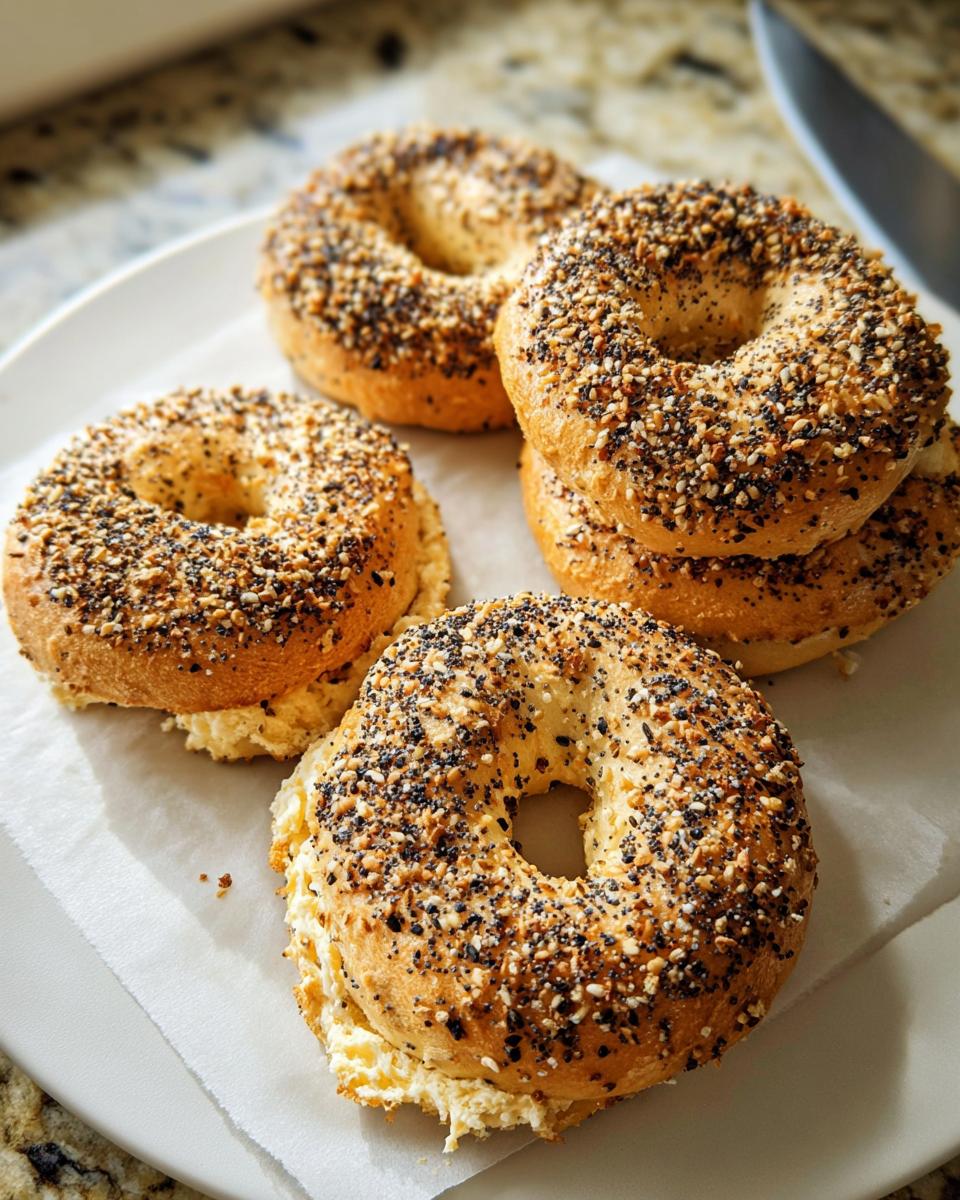 A close-up of four everything bagels generously spread with cream cheese, perfect for busy weeknights.