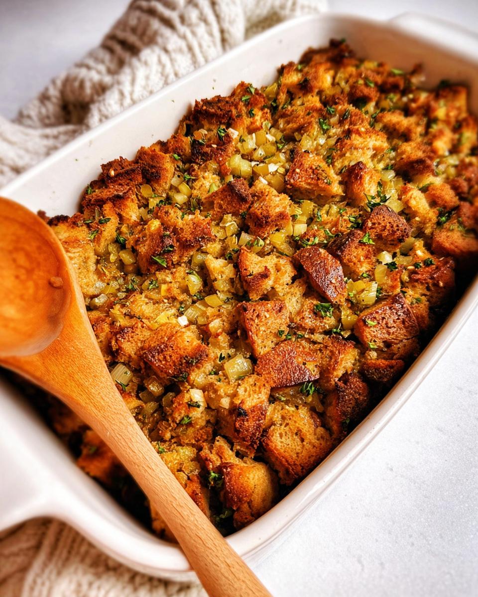 A close-up of a golden brown stuffing recipe in a white baking dish, garnished with parsley and a wooden spoon.