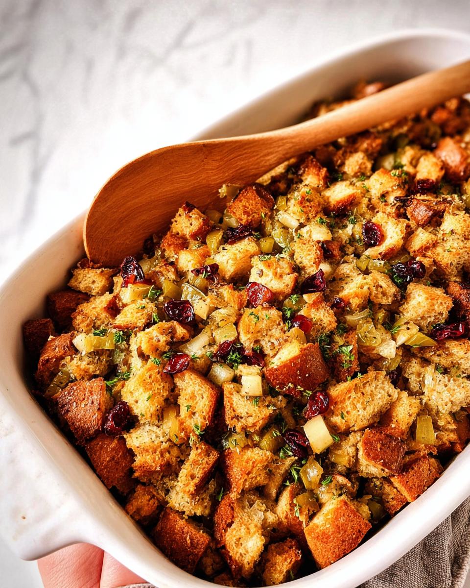 A close-up view of a golden-brown stuffing recipe in a white baking dish, featuring bread cubes, cranberries, and celery, with a wooden spoon.