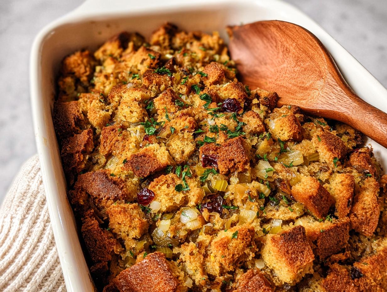 A close-up of a baking dish filled with golden brown stuffing, featuring cubes of bread, dried cranberries, and fresh parsley.