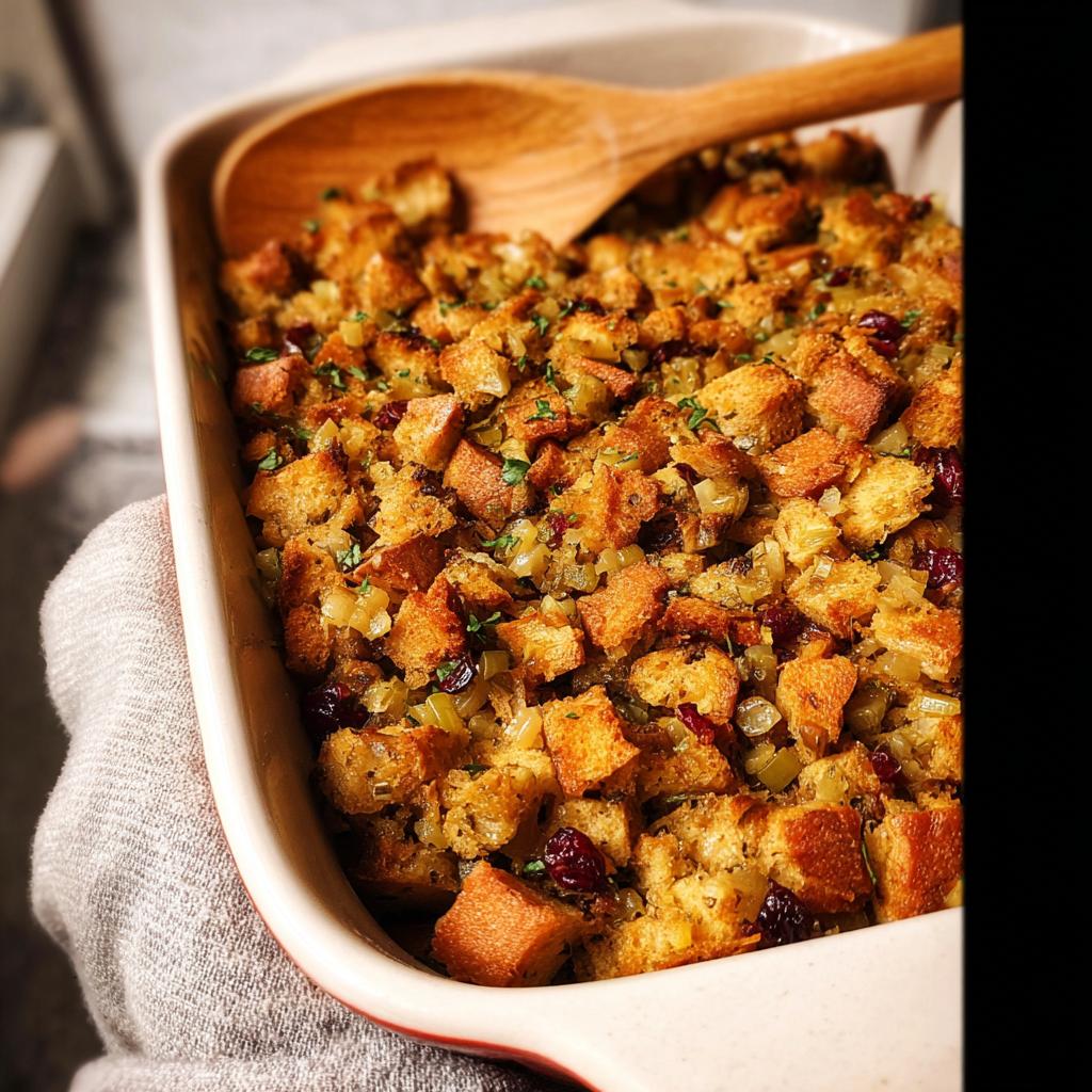 Close-up of a baking dish filled with golden brown stuffing, featuring bread cubes, cranberries, and herbs.