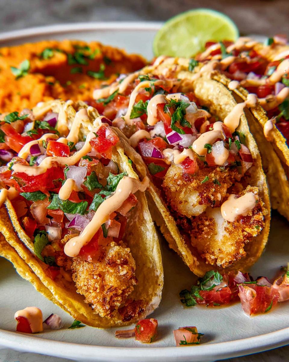 Close-up of crispy fish tacos topped with pico de gallo and a creamy sauce, perfect for Taco Tuesday recipes.