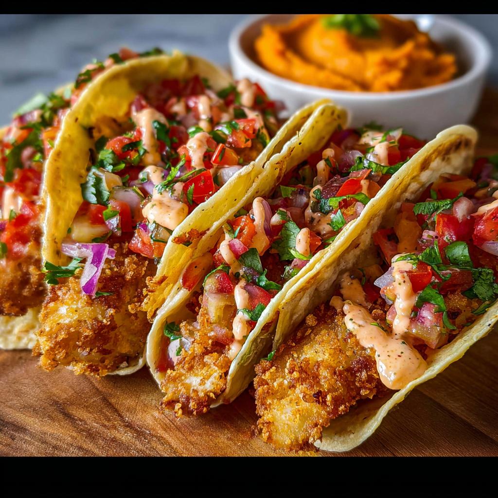 Close-up of three crispy fish tacos, loaded with pico de gallo, cilantro, and a drizzle of sauce, perfect for Taco Tuesday recipes.