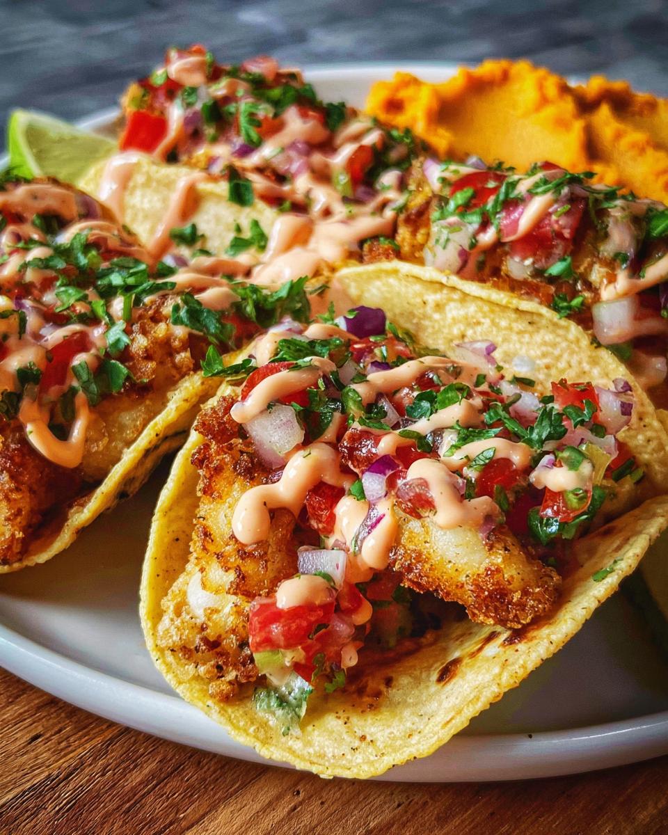 Close-up of three crispy fish tacos, topped with pico de gallo, cilantro, and a creamy sauce, perfect for Taco Tuesday recipes.
