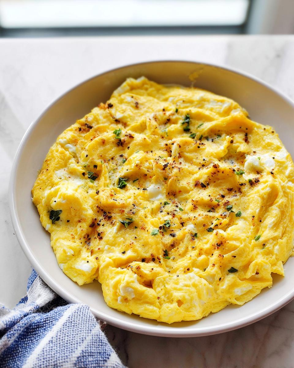 A fluffy, golden omelette seasoned with black pepper and herbs, served in a white bowl. A perfect example from The Only Egg Recipes Recipe.