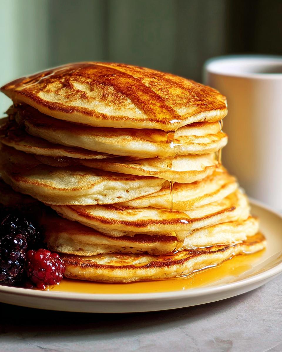 A tall stack of fluffy pancakes drizzled with syrup, served with berries, as part of breakfast ideas for beginners.