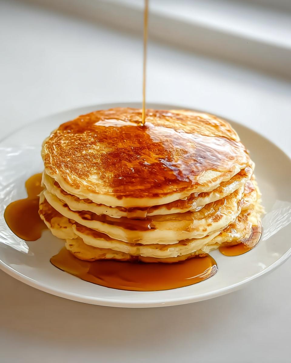 A stack of fluffy pancakes being drizzled with maple syrup, a perfect breakfast idea recipe.
