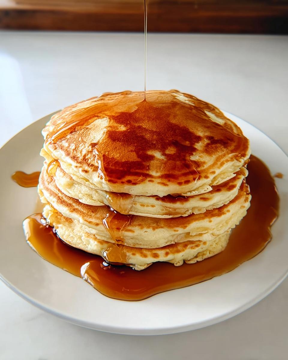 A stack of fluffy pancakes being drizzled with syrup, a perfect breakfast idea recipe.