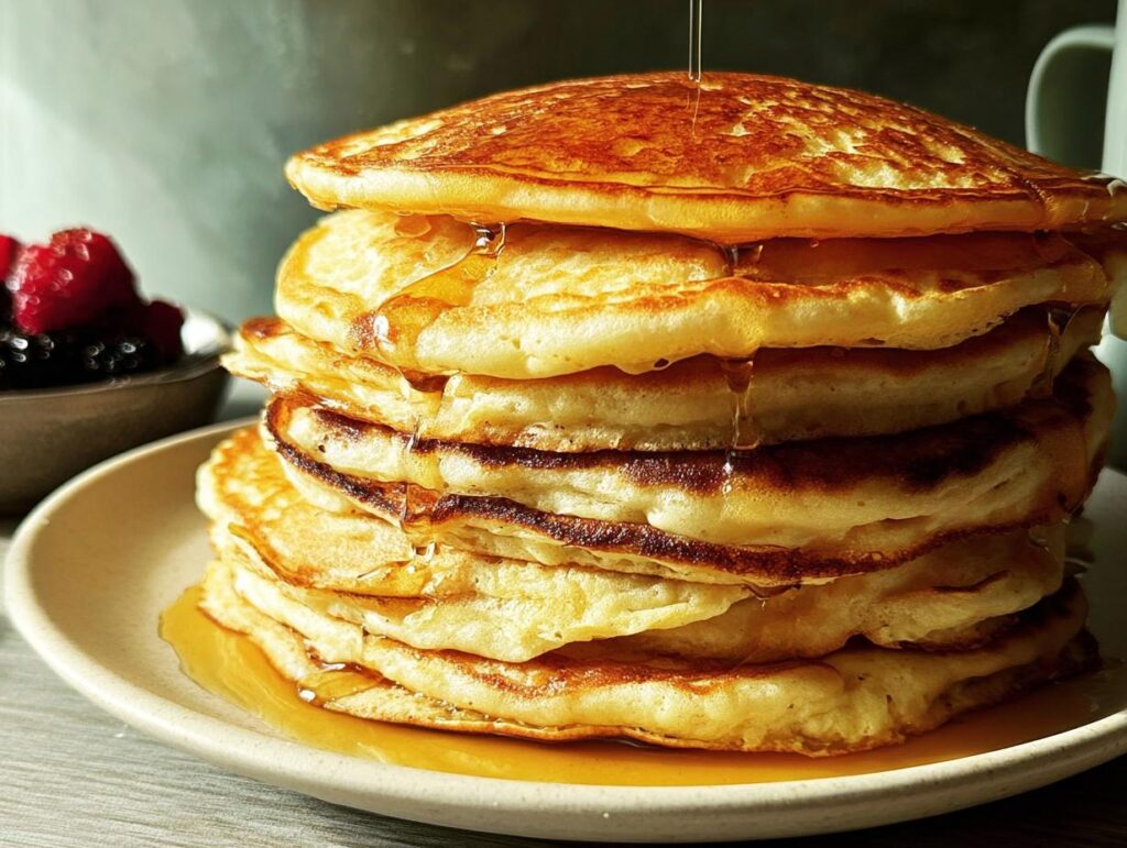A tall stack of fluffy pancakes drizzled with syrup, part of The Ultimate Breakfast Ideas Recipes Guide for Beginners.