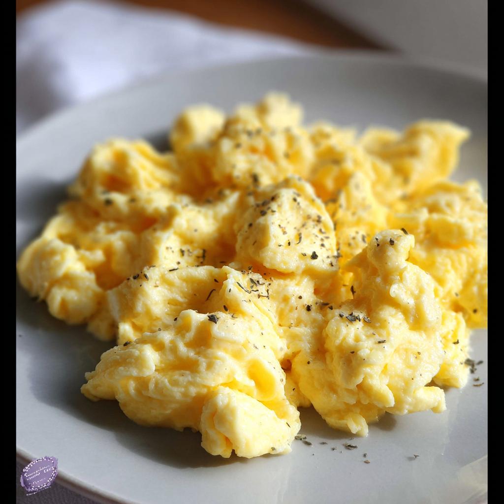Close-up of perfectly fluffy scrambled eggs seasoned with herbs, a great example of egg recipes.