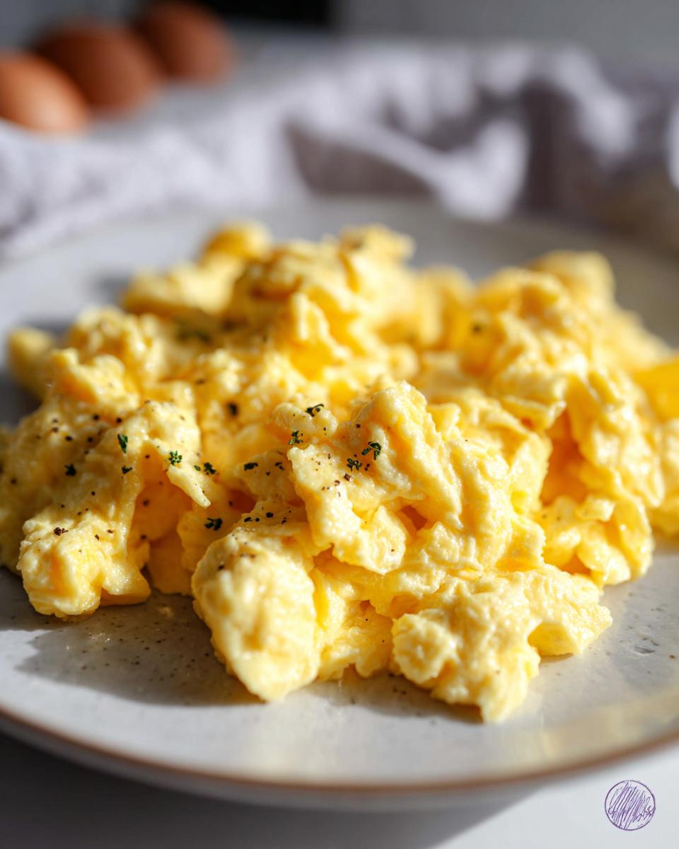 Close-up of perfectly fluffy scrambled eggs, seasoned with pepper and herbs, a great example of egg recipes.
