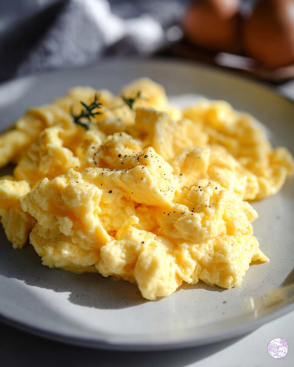Close-up of fluffy scrambled eggs seasoned with black pepper, a perfect egg recipe.