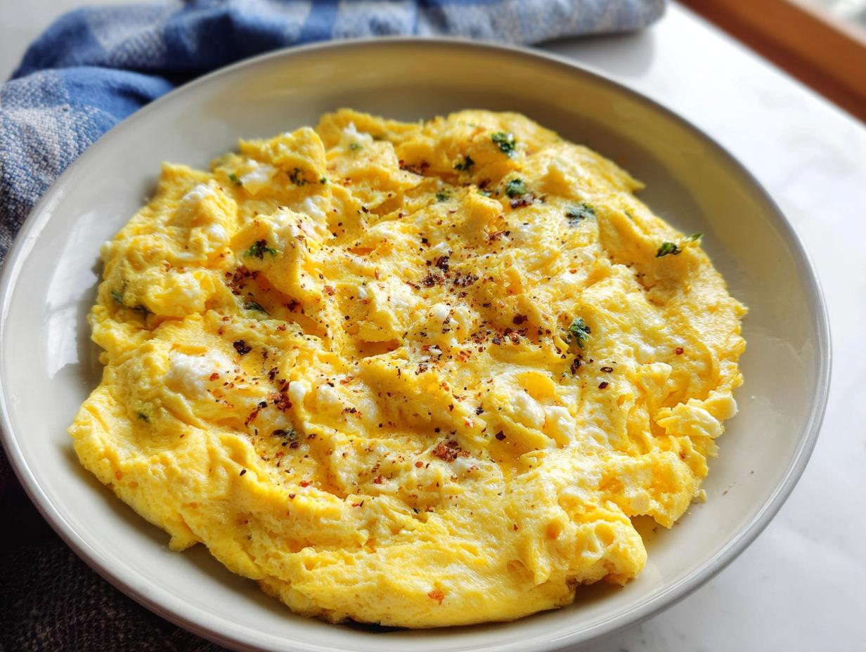 Close-up of fluffy scrambled eggs with herbs and spices in a white bowl, part of The Only Egg Recipes Recipe You’ll Need (2025).