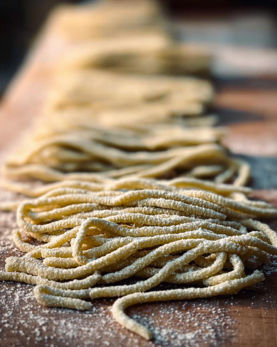 Close-up of freshly made pasta strands, dusted with flour, ready for pasta recipes.