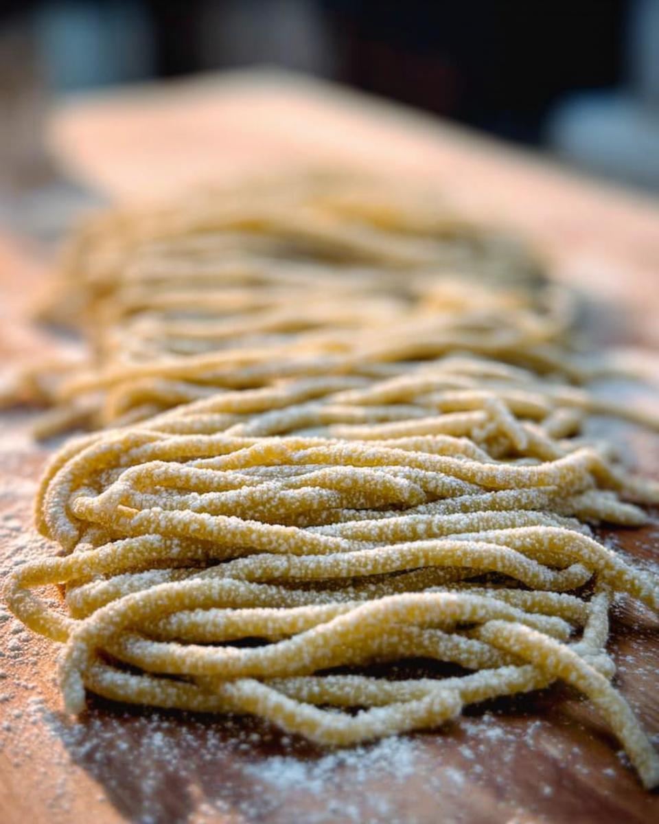 Close-up of freshly made pasta strands dusted with flour, ready for pasta recipes.