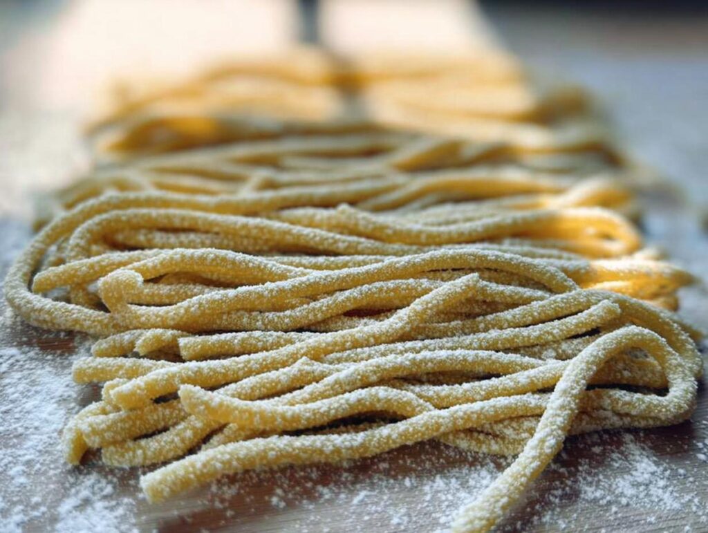 Close-up of freshly made pasta strands dusted with flour, ready for pasta recipes.