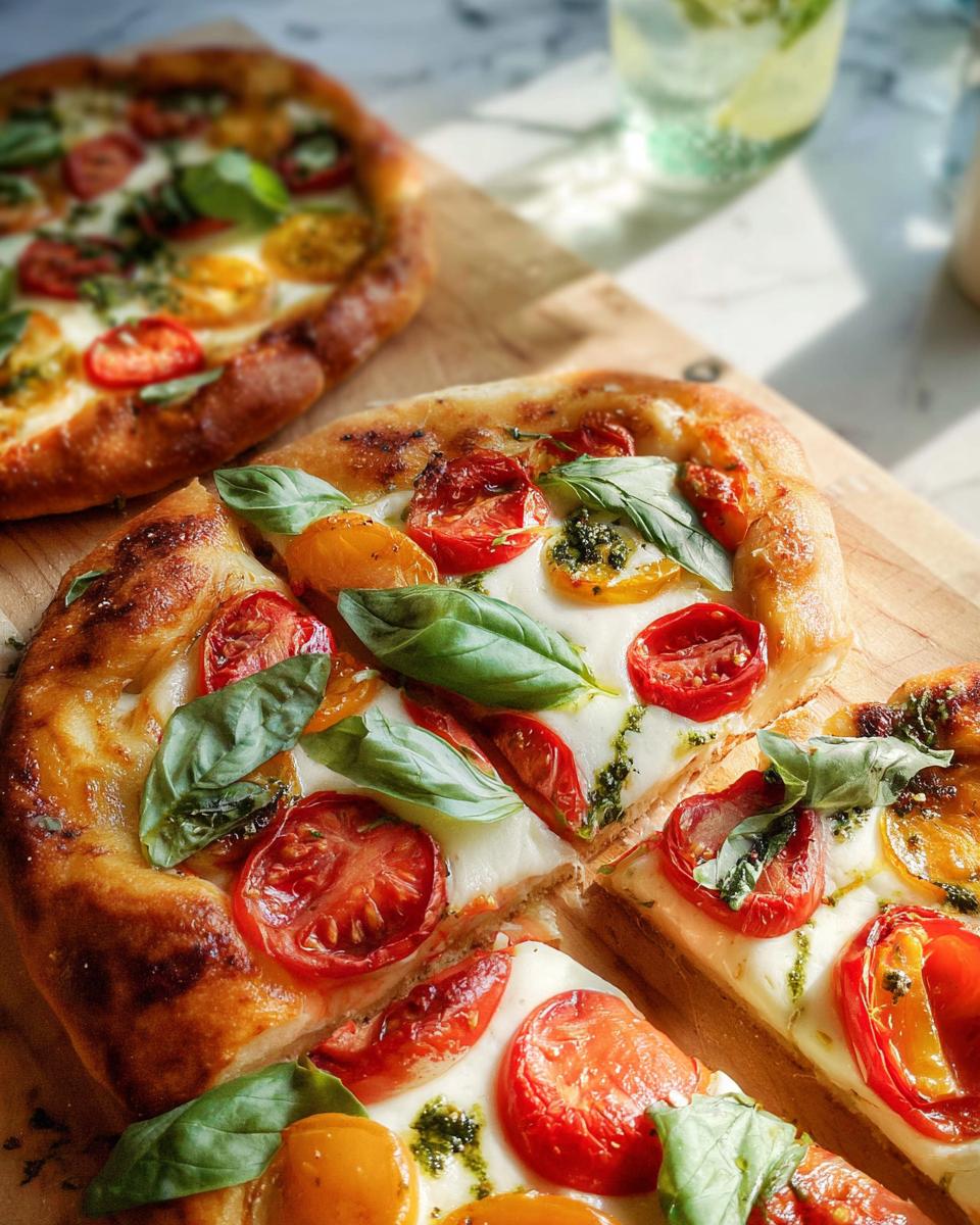 Close-up of a delicious homemade pizza with fresh tomatoes, mozzarella, and basil, perfect for pizza night recipes.