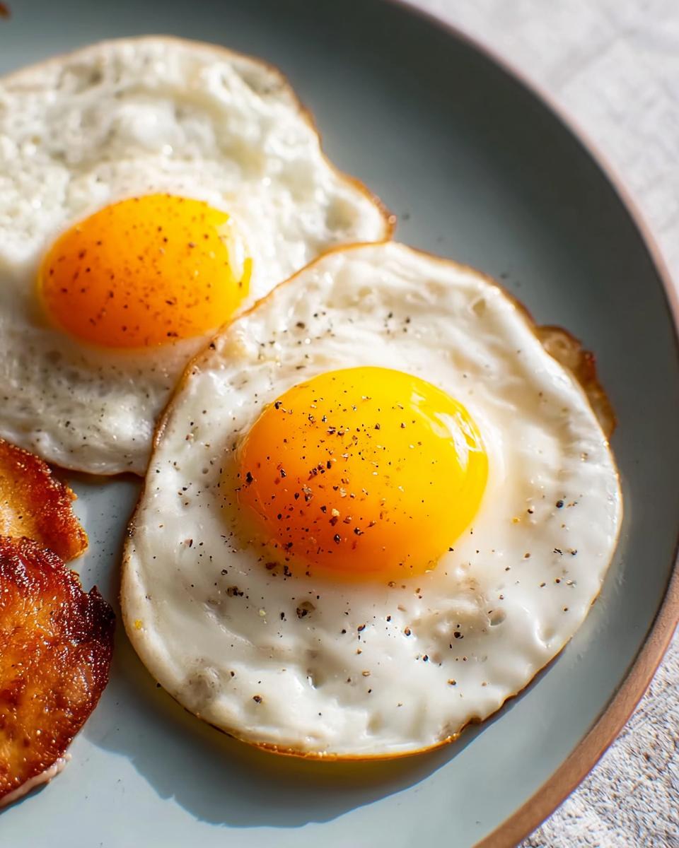 Close-up of two perfectly fried eggs with bright yellow yolks, seasoned with black pepper, a delicious egg recipe.